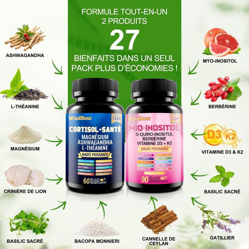 Pack WindBoss puissant – Régulation du cortisol et apport en myo-inositol. Formule complète à large spectre avec complexe de magnésium, combinaison multivitaminée, minéraux et extraits végétaux, tout en un. Pack de 2 flacons (60 + 90 capsules) — vignette 2