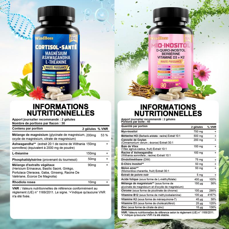 Pack WindBoss puissant – Régulation du cortisol et apport en myo-inositol. Formule complète à large spectre avec complexe de magnésium, combinaison multivitaminée, minéraux et extraits végétaux, tout en un. Pack de 2 flacons (60 + 90 capsules) — vignette 3
