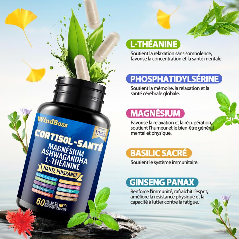 Pack WindBoss puissant – Régulation du cortisol et apport en myo-inositol. Formule complète à large spectre avec complexe de magnésium, combinaison multivitaminée, minéraux et extraits végétaux, tout en un. Pack de 2 flacons (60 + 90 capsules) — vignette 4