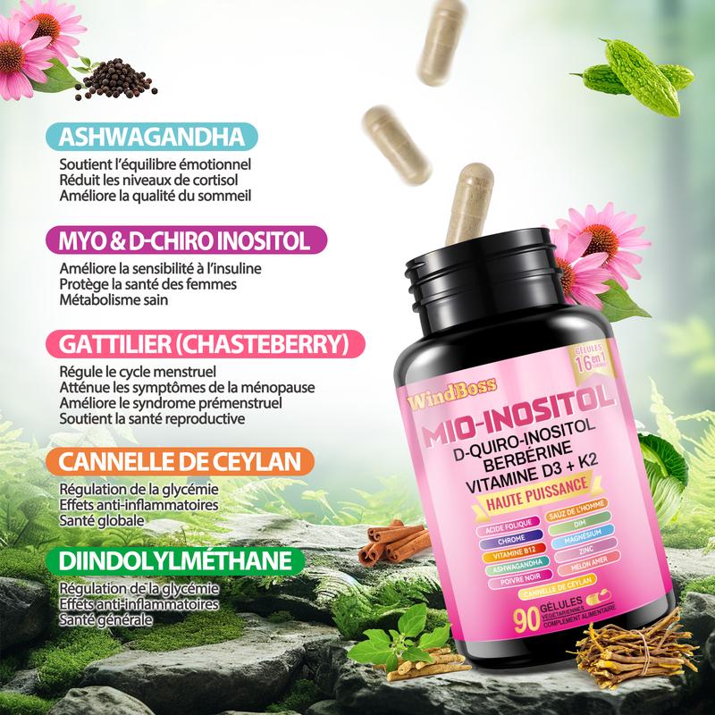 Pack WindBoss puissant – Régulation du cortisol et apport en myo-inositol. Formule complète à large spectre avec complexe de magnésium, combinaison multivitaminée, minéraux et extraits végétaux, tout en un. Pack de 2 flacons (60 + 90 capsules) — vignette 5