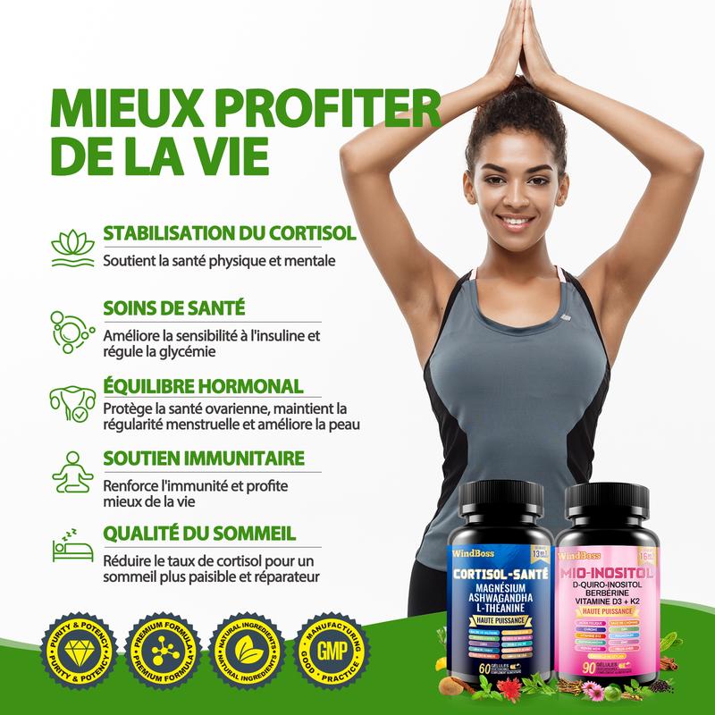 Pack WindBoss puissant – Régulation du cortisol et apport en myo-inositol. Formule complète à large spectre avec complexe de magnésium, combinaison multivitaminée, minéraux et extraits végétaux, tout en un. Pack de 2 flacons (60 + 90 capsules) — vignette 6