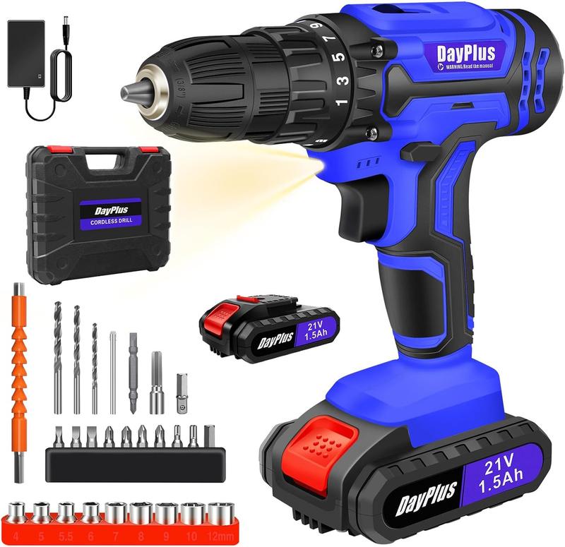 Perceuse visseuse sans fil 21V, visseuse devisseuse sans fil, 2 Vitesses, 25+1 Réglages de Couple, 26Accessoires, 45Nm Perceuse Visseuse, LED, 1/2 batteries kit de bricolage pour la maison et le jardin Perceuse sans fil silencieuse