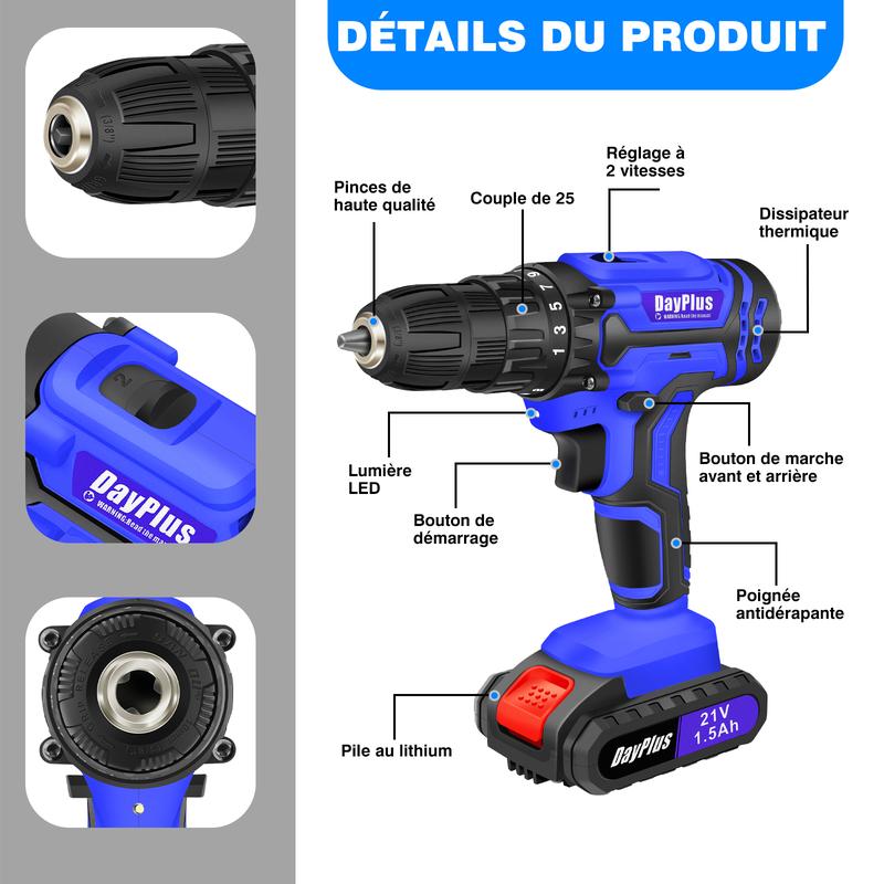 Perceuse visseuse sans fil 21V, visseuse devisseuse sans fil, 2 Vitesses, 25+1 Réglages de Couple, 26Accessoires, 45Nm Perceuse Visseuse, LED, 1/2 batteries kit de bricolage pour la maison et le jardin Perceuse sans fil silencieuse — vignette 2