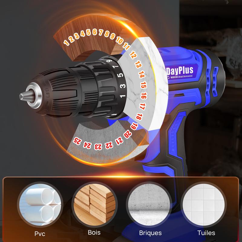 Perceuse visseuse sans fil 21V, visseuse devisseuse sans fil, 2 Vitesses, 25+1 Réglages de Couple, 26Accessoires, 45Nm Perceuse Visseuse, LED, 1/2 batteries kit de bricolage pour la maison et le jardin Perceuse sans fil silencieuse — vignette 3