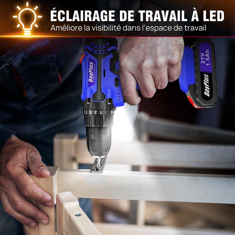 Perceuse visseuse sans fil 21V, visseuse devisseuse sans fil, 2 Vitesses, 25+1 Réglages de Couple, 26Accessoires, 45Nm Perceuse Visseuse, LED, 1/2 batteries kit de bricolage pour la maison et le jardin Perceuse sans fil silencieuse — vignette 4