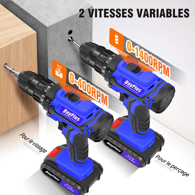 Perceuse visseuse sans fil 21V, visseuse devisseuse sans fil, 2 Vitesses, 25+1 Réglages de Couple, 26Accessoires, 45Nm Perceuse Visseuse, LED, 1/2 batteries kit de bricolage pour la maison et le jardin Perceuse sans fil silencieuse — vignette 5
