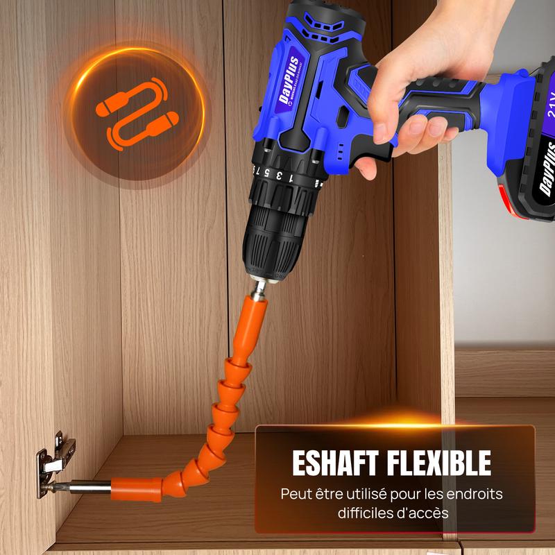 Perceuse visseuse sans fil 21V, visseuse devisseuse sans fil, 2 Vitesses, 25+1 Réglages de Couple, 26Accessoires, 45Nm Perceuse Visseuse, LED, 1/2 batteries kit de bricolage pour la maison et le jardin Perceuse sans fil silencieuse — vignette 6