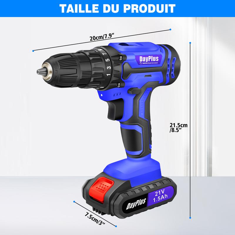 Perceuse visseuse sans fil 21V, visseuse devisseuse sans fil, 2 Vitesses, 25+1 Réglages de Couple, 26Accessoires, 45Nm Perceuse Visseuse, LED, 1/2 batteries kit de bricolage pour la maison et le jardin Perceuse sans fil silencieuse — vignette 8