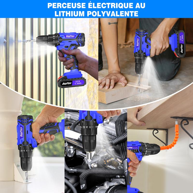 Perceuse visseuse sans fil 21V, visseuse devisseuse sans fil, 2 Vitesses, 25+1 Réglages de Couple, 26Accessoires, 45Nm Perceuse Visseuse, LED, 1/2 batteries kit de bricolage pour la maison et le jardin Perceuse sans fil silencieuse — vignette 9