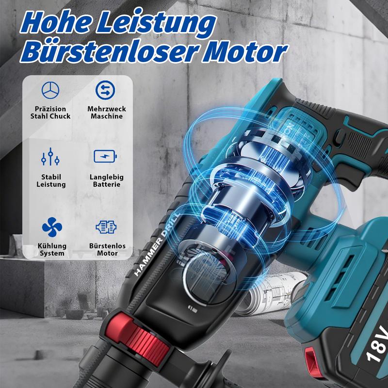Perforeuse-marteau sans fil (3-en-1) puissante avec moteur sans balais - 7J d’énergie de percussion, pour percer, chiseler & perçage marteau. Compatible Makita. Kit complet avec 2 batteries & chargeur - prêt à l’emploi immédiat ! — vignette 2