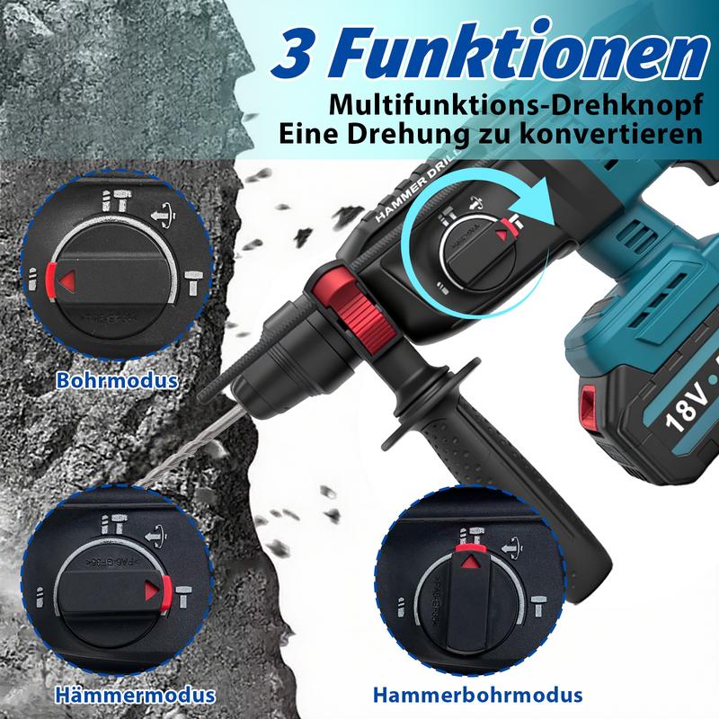 Perforeuse-marteau sans fil (3-en-1) puissante avec moteur sans balais - 7J d’énergie de percussion, pour percer, chiseler & perçage marteau. Compatible Makita. Kit complet avec 2 batteries & chargeur - prêt à l’emploi immédiat ! — vignette 3