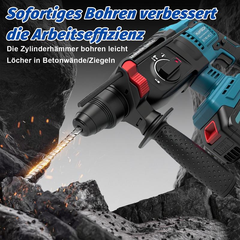 Perforeuse-marteau sans fil (3-en-1) puissante avec moteur sans balais - 7J d’énergie de percussion, pour percer, chiseler & perçage marteau. Compatible Makita. Kit complet avec 2 batteries & chargeur - prêt à l’emploi immédiat ! — vignette 4