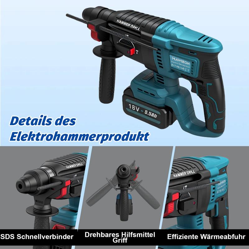 Perforeuse-marteau sans fil (3-en-1) puissante avec moteur sans balais - 7J d’énergie de percussion, pour percer, chiseler & perçage marteau. Compatible Makita. Kit complet avec 2 batteries & chargeur - prêt à l’emploi immédiat ! — vignette 5