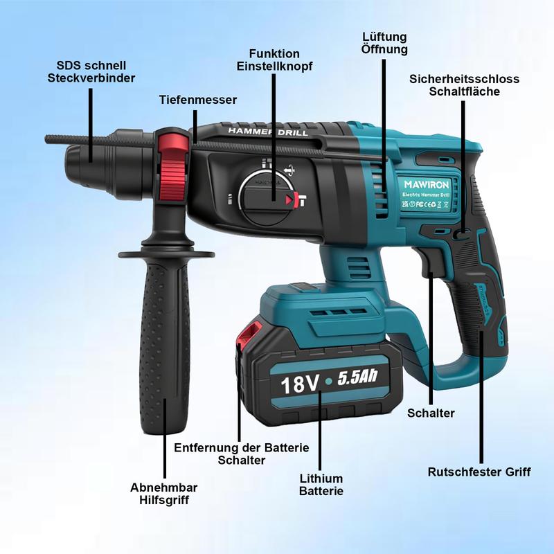 Perforeuse-marteau sans fil (3-en-1) puissante avec moteur sans balais - 7J d’énergie de percussion, pour percer, chiseler & perçage marteau. Compatible Makita. Kit complet avec 2 batteries & chargeur - prêt à l’emploi immédiat ! — vignette 6