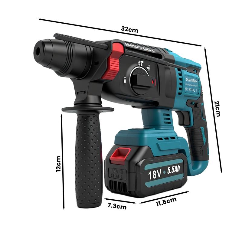 Perforeuse-marteau sans fil (3-en-1) puissante avec moteur sans balais - 7J d’énergie de percussion, pour percer, chiseler & perçage marteau. Compatible Makita. Kit complet avec 2 batteries & chargeur - prêt à l’emploi immédiat ! — vignette 9