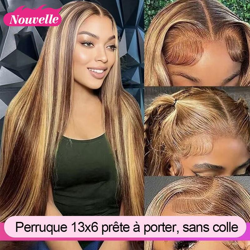 Perruque BFF GIRL Lisse Avec Mèches 4/27 Effet Ombré Water Wave Lace HD 13x6 Sans Colle Cheveux Humains Lace Pré Découpée