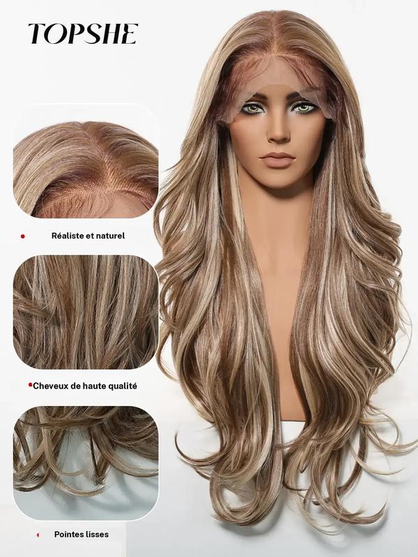 Perruques ondulées longues de 28 pouces pour femmes, magnifiques et volumineuses sans frange, perruques synthétiques à lace front pour les fêtes et un usage quotidien, des perruques qui ressemblent à des cheveux réels — vignette 8