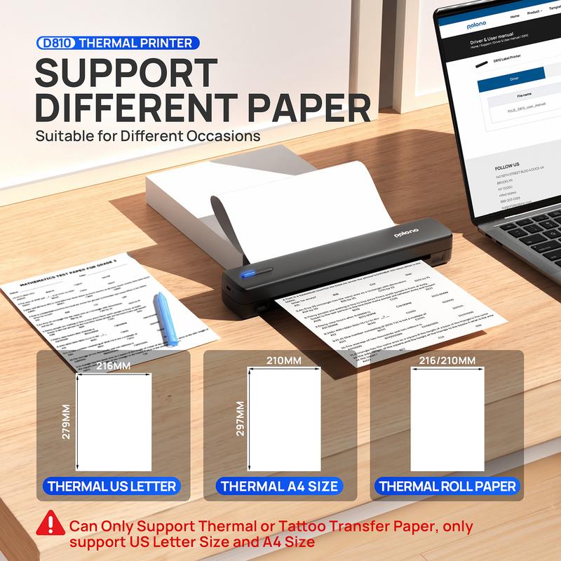 POLONO Imprimante Portable Sans Encre D810/D830, Imprimante Thermique Bluetooth Sans Fil, Compatible iOS/Android, 20 Feuilles Gratuites, Idéale pour Maison et Bureau, Imprimante Compacte et Légère, A4 Printer, Fonctionnalité intelligente d'IA — vignette 8