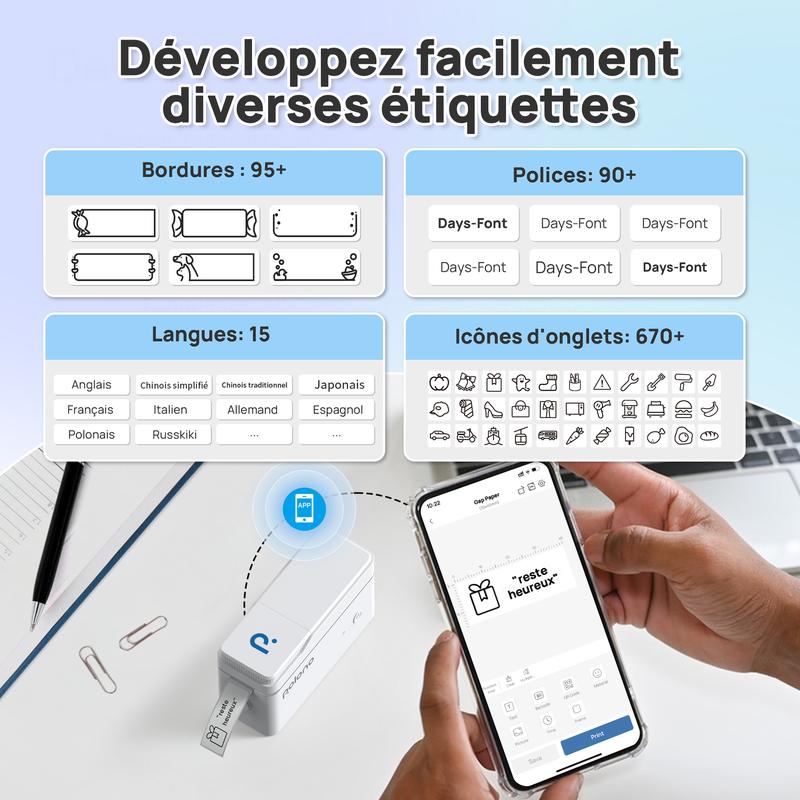 Polono P31S Imprimante d'étiquettes , mini-étiqueteuse sans fil avec plusieurs modèles pour le rangement et l'organisation, utilisable pour les études, la vie quotidienne et le travail, Portable Mini Label Printer — vignette 3