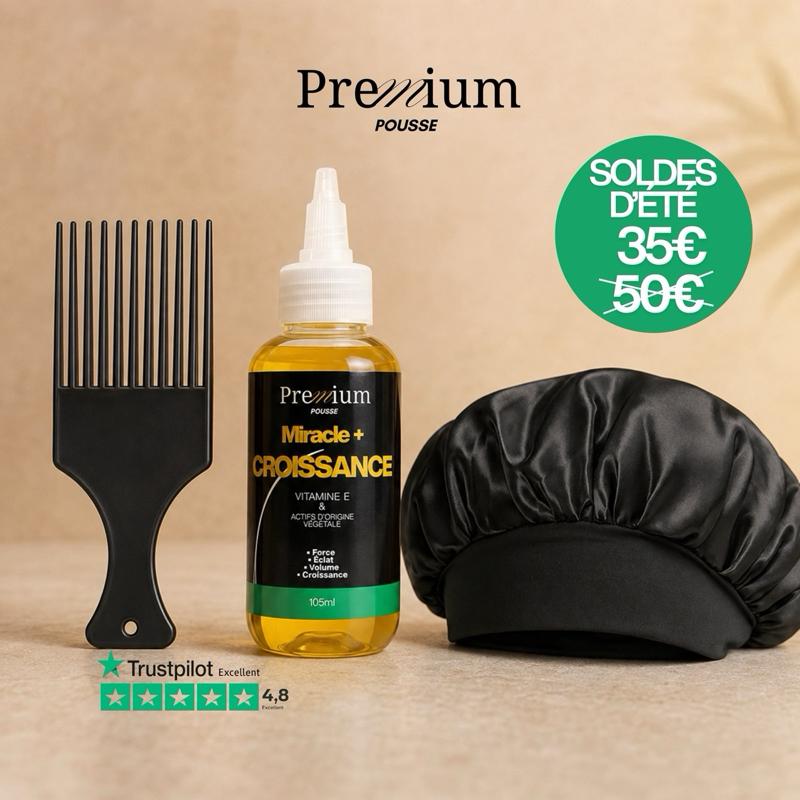 Premium Pousse Miracle+ Croissance – Lot Huile 105 ml + Peigne Afro + Charlotte de Nuit