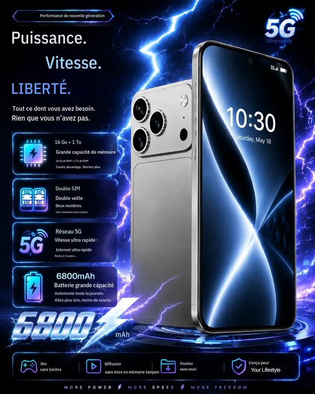 Promax, 5G, écran HD de 7,3 inch avec Dynamic Island, appareil photo de 108 MP, batterie de 8 000 mAh, double SIM avec double veille, 16 Go + 1 To de stockage, smartphone à 10 cœurs.