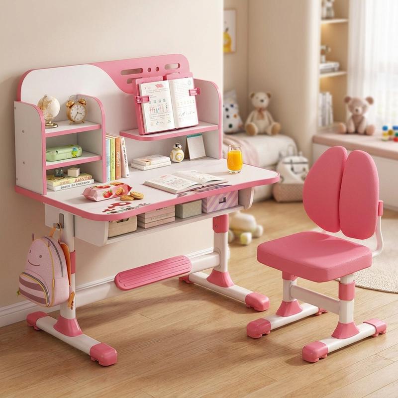 Quksne ensemble bureau et chaise pour enfants à hauteur réglable, table d’étude complète avec grand tableau d’écriture, étagère et grand tiroir, siège ergonomique, cadeau idéal pour garçons et filles, disponible en rose et bleu