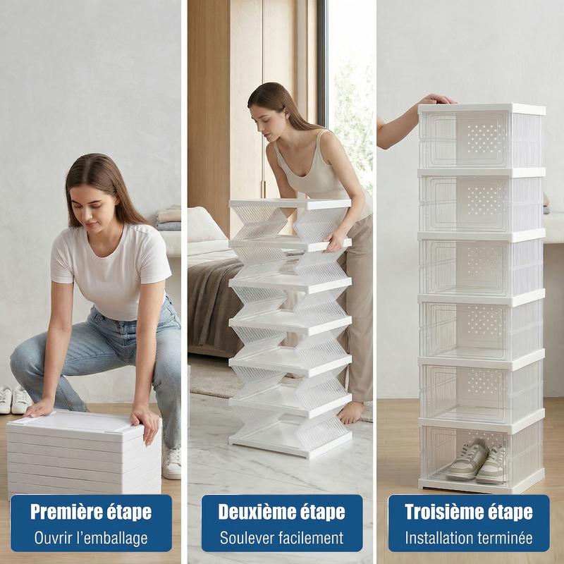 Range-chaussures Pliable Gain de Place. Étagère Plastique Organisateur pour Entrée, Armoire et Couloir. Boîtes à chaussures Empilables avec Porte. Pratique, Compact, Idéal pour le Rangement du Chaussure à la Maison, 6 Compartiments