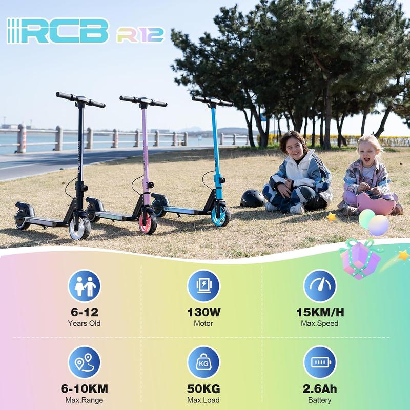 RCB R12 trottinette électrique pour enfants de 6–12 ans, jusqu’à 15 km/h et 10 km, trottinette électrique pliable 6,5 inch, éclairages colorés, écran LED, doubles freins, cadeau pour enfants — vignette 7
