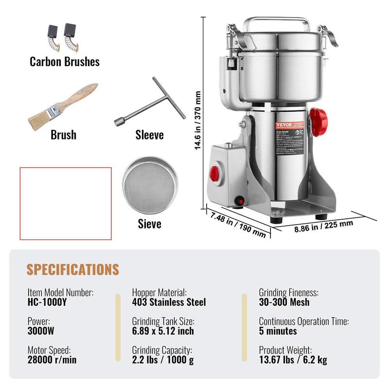 【Rentrée scolaire】VEVOR Moulin à épices Électrique 1000 g, Broyeur à Grains Commercial 3000 W Haute Vitesse, Moulin à Farine en Acier Inoxydable, Type Oscillant, pour Moudre Rapidement Céréales Épices Herbes Cafés — vignette 2