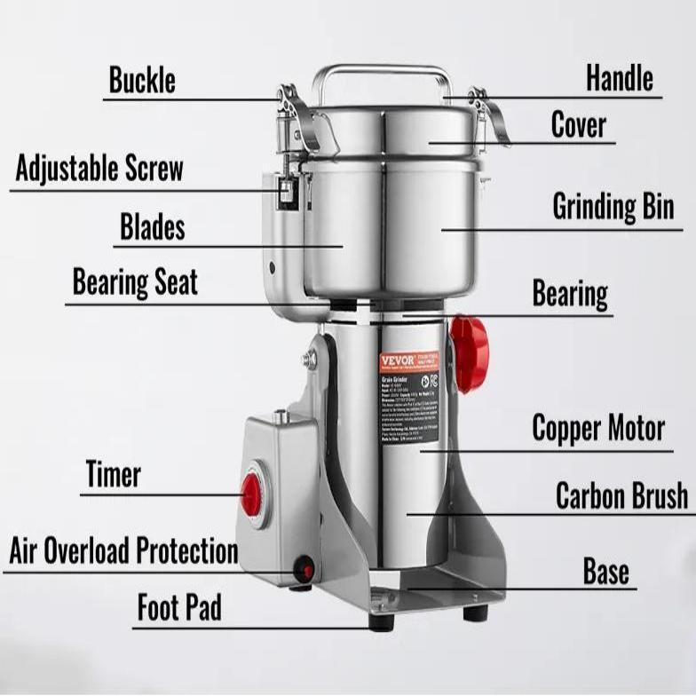 【Rentrée scolaire】VEVOR Moulin à épices Électrique 1000 g, Broyeur à Grains Commercial 3000 W Haute Vitesse, Moulin à Farine en Acier Inoxydable, Type Oscillant, pour Moudre Rapidement Céréales Épices Herbes Cafés — vignette 6