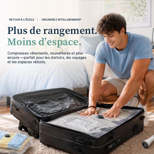 Sac de rangement sous vide avec pompe sans fil rechargeable USB-C, lot de 15 sacs compressibles, rangement gain de place pour valises et chambre d'étudiant, promotion rentrée scolaire