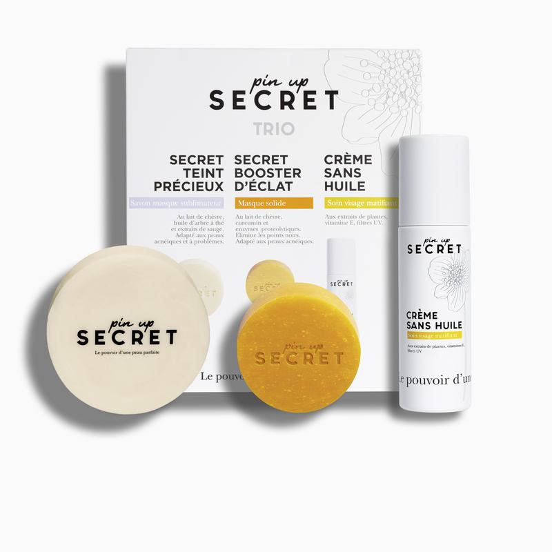 Set Secret Teint Parfait -Pinup Secret- pour Peaux Acnéiques avec Crème Sans Huile Hydratante et Masque Solide au Curcuma