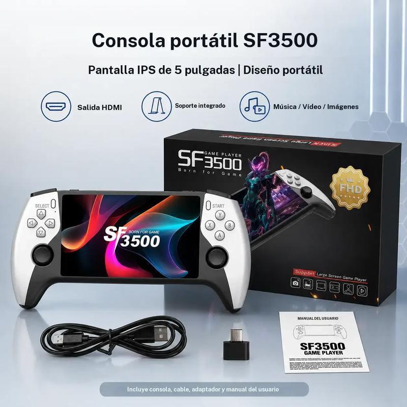SF3500 console de jeu portable avec écran IPS de 5", design de manettes ergonomique, deux joysticks, port HDMI et lecteur multimédia
