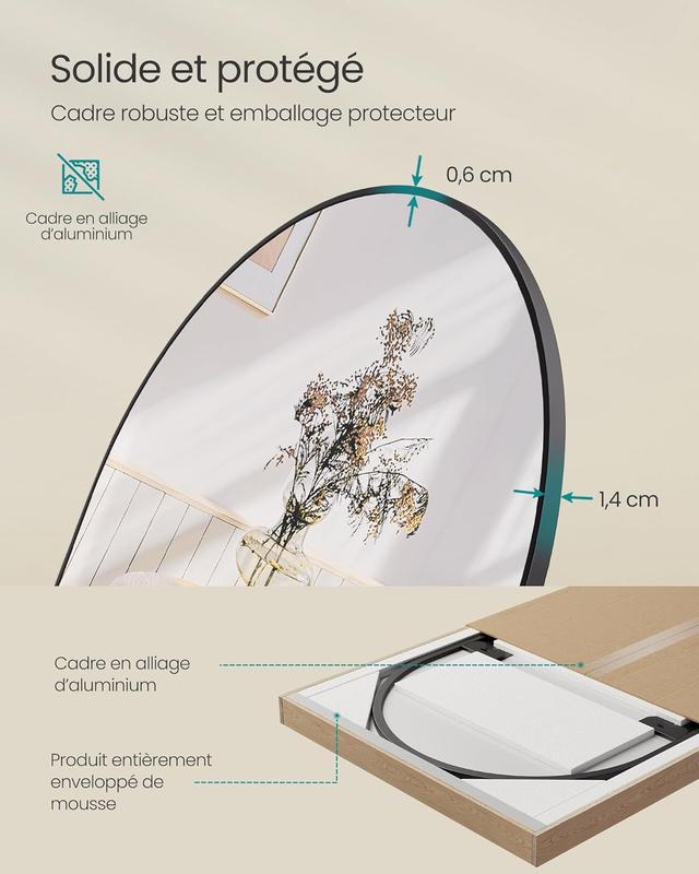 SONGMICS HOME Miroir Intégral – Choix de Tailles et Couleurs, Formes Arche et Rectangulaire (Loupe Incluse sur Certains Modèles), Cadre en Alliage d'Aluminium & Verre Trempé, Idéal pour Chambre, Salon, Dressing — vignette 6