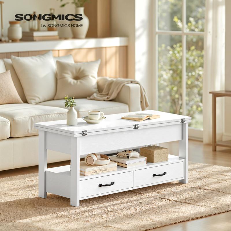 SONGMICS Home - Table de Salon Relevable, Vérin à Gaz, 2 Tiroirs et 3 Compartiments sous Le Plateau, 1 Compartiment Ouvert, Blanc — vignette 2