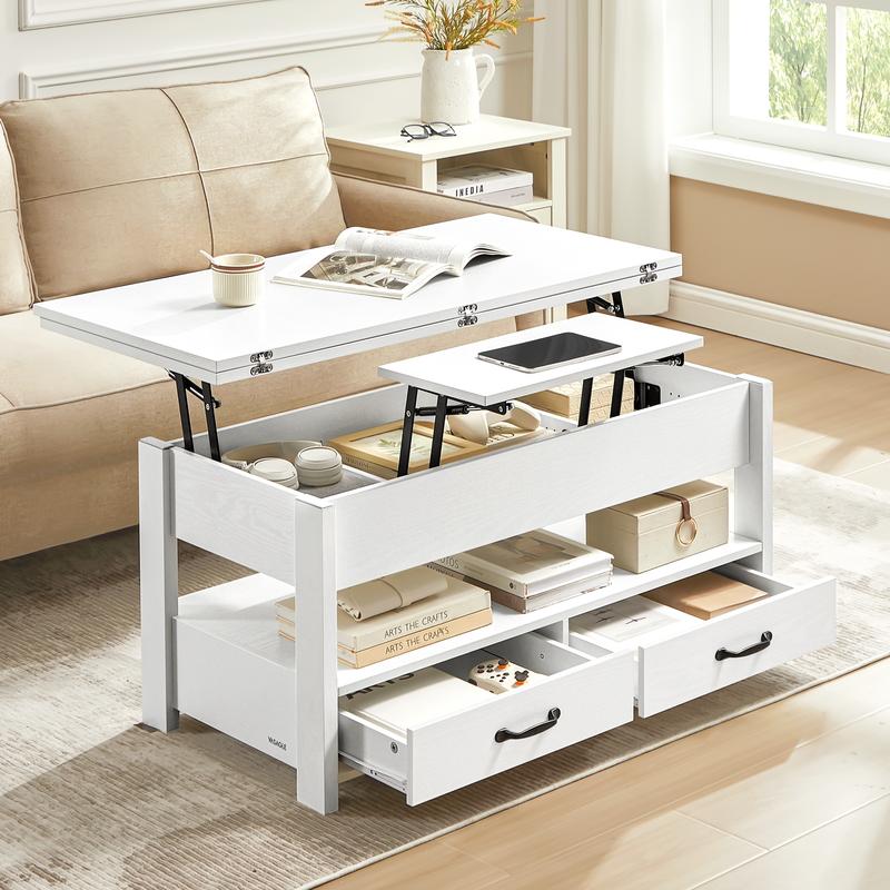 SONGMICS Home - Table de Salon Relevable, Vérin à Gaz, 2 Tiroirs et 3 Compartiments sous Le Plateau, 1 Compartiment Ouvert, Blanc — vignette 3
