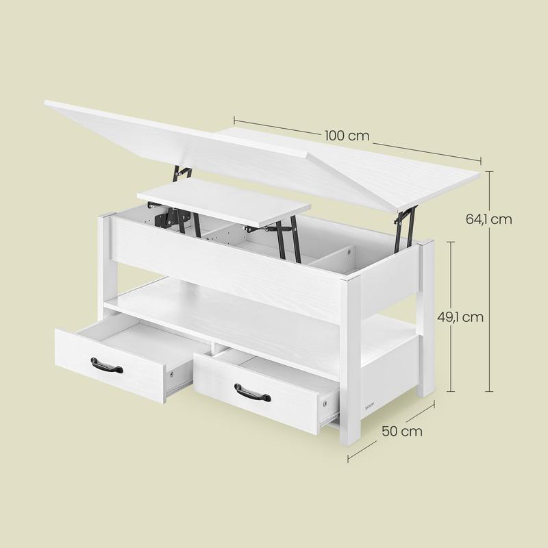 SONGMICS Home - Table de Salon Relevable, Vérin à Gaz, 2 Tiroirs et 3 Compartiments sous Le Plateau, 1 Compartiment Ouvert, Blanc — vignette 4