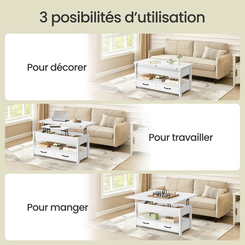 SONGMICS Home - Table de Salon Relevable, Vérin à Gaz, 2 Tiroirs et 3 Compartiments sous Le Plateau, 1 Compartiment Ouvert, Blanc — vignette 5