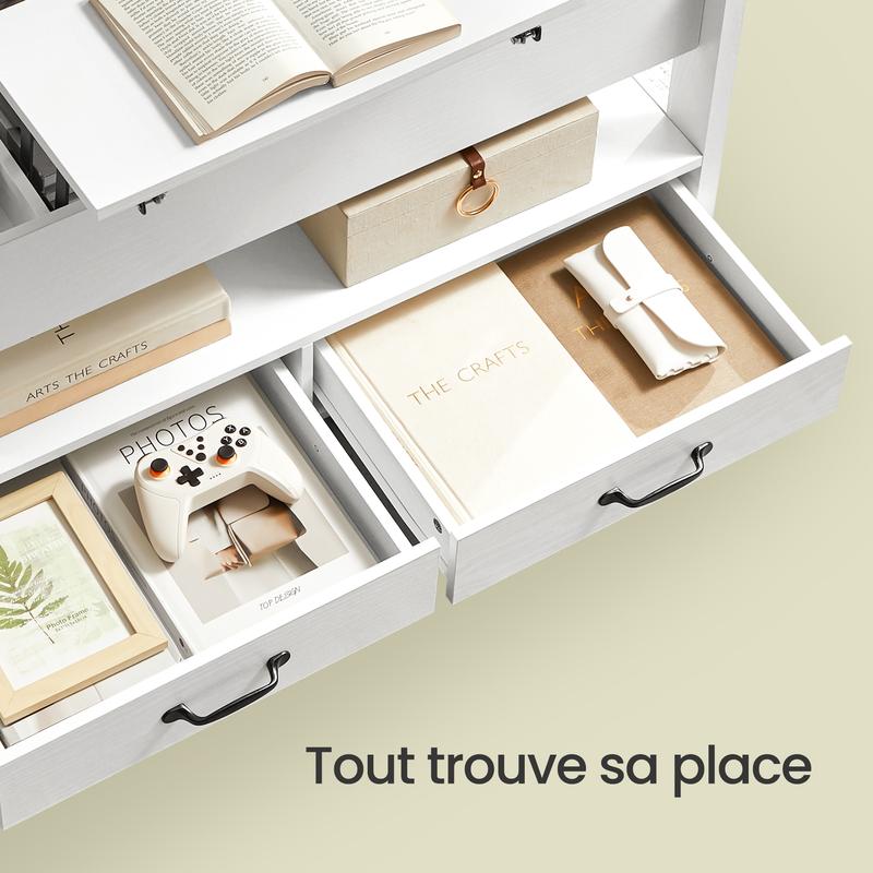 SONGMICS Home - Table de Salon Relevable, Vérin à Gaz, 2 Tiroirs et 3 Compartiments sous Le Plateau, 1 Compartiment Ouvert, Blanc — vignette 6