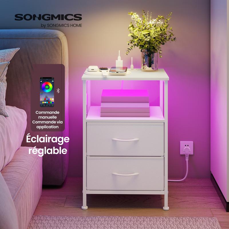 SONGMICS Table de Chevet avec Éclairage LED et Multiprise, 2 Tiroirs et 1 Compartiment Ouvert, Blanc — vignette 2
