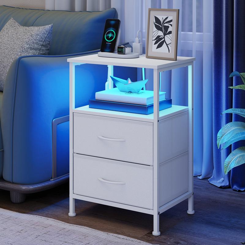 SONGMICS Table de Chevet avec Éclairage LED et Multiprise, 2 Tiroirs et 1 Compartiment Ouvert, Blanc — vignette 3