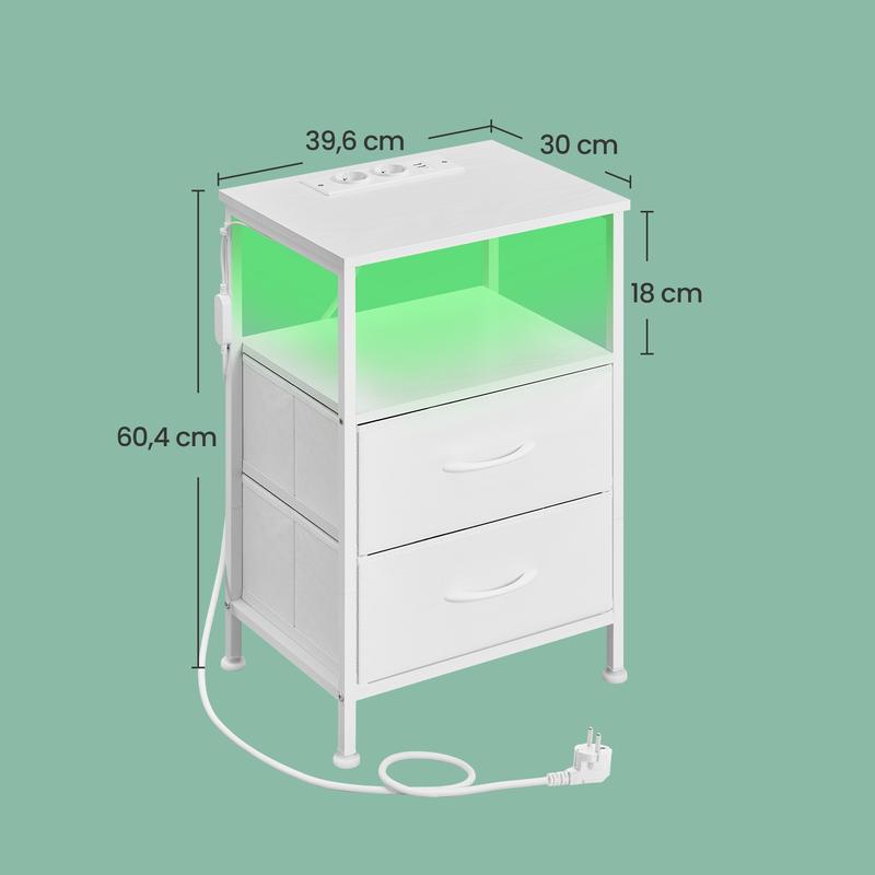 SONGMICS Table de Chevet avec Éclairage LED et Multiprise, 2 Tiroirs et 1 Compartiment Ouvert, Blanc — vignette 4