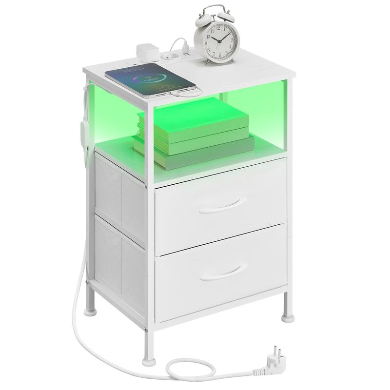 SONGMICS Table de Chevet avec Éclairage LED et Multiprise, 2 Tiroirs et 1 Compartiment Ouvert, Blanc — vignette 7