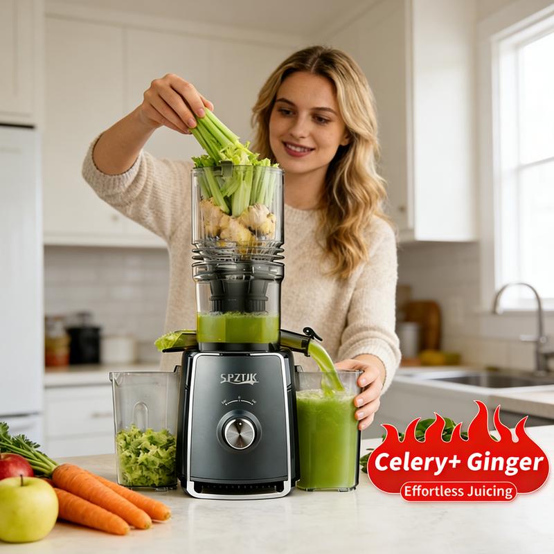 SPZK extracteur de jus à presse froide avec grande ouverture d’alimentation de 5,3 inch, extracteur lent, 300 W, extracteur lent professionnel pour légumes et fruits entiers, facile à nettoyer pour extraction en lot