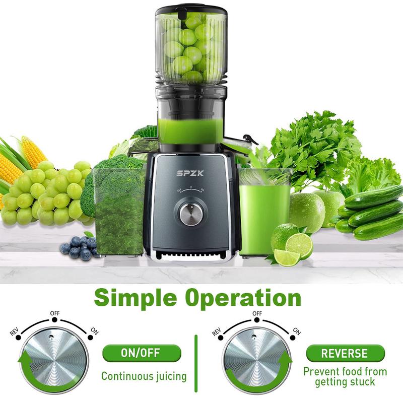 SPZK extracteur de jus à presse froide avec grande ouverture d’alimentation de 5,3 inch, extracteur lent, 300 W, extracteur lent professionnel pour légumes et fruits entiers, facile à nettoyer pour extraction en lot — vignette 4