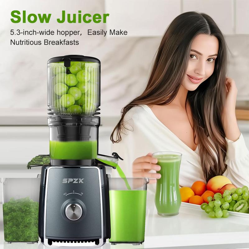 SPZK extracteur de jus à presse froide avec grande ouverture d’alimentation de 5,3 inch, extracteur lent, 300 W, extracteur lent professionnel pour légumes et fruits entiers, facile à nettoyer pour extraction en lot — vignette 6