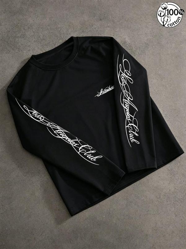 T-shirt unisexe en 100 % coton, multicolore, manches longues verticales avec lettrage en script, mini logo sur la poitrine, streetwear américain de style chicano, coupe oversize, haut décontracté — vue 1