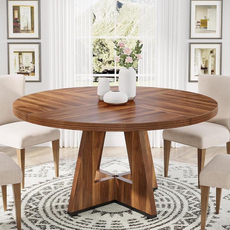 Table à manger ronde de 47 inch, couleur noyer rustique, étanche et anti rayures, facile à nettoyer, assemblage requis, matériau Durable