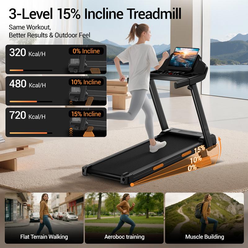 Tapis roulant pliable UMAY SF20, inclinaison manuelle réglable à 15 %, vitesse maximale de 12 km/h, puissance 3,0 ch, capacité de charge 180 kg, moteur ultra silencieux amélioré, écran LED et 12 programmes — vignette 2