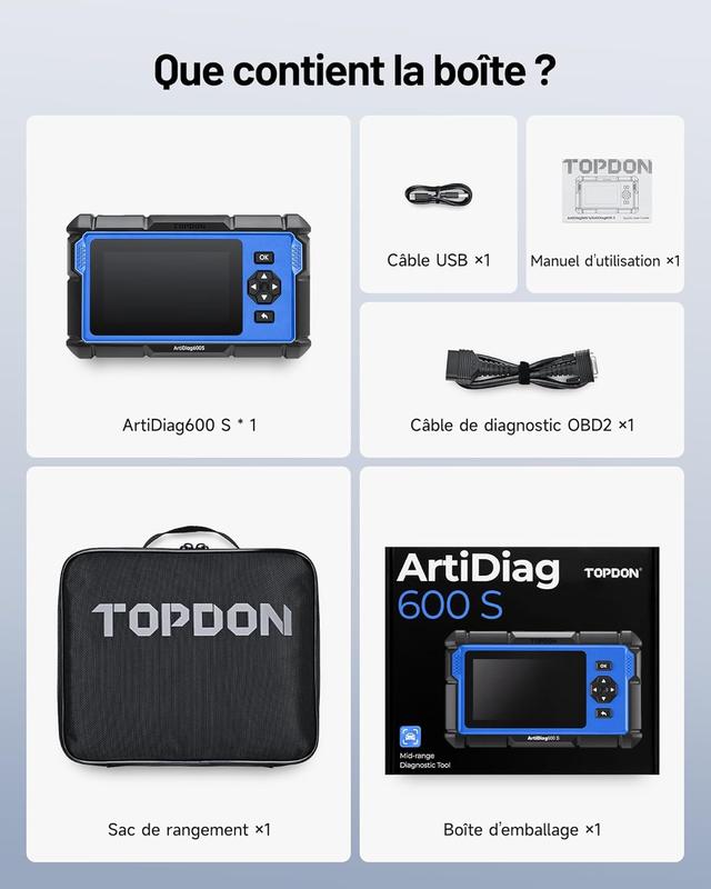 TOPDON ArtiDiag600S Valise Diagnostic Auto OBD2, Outil Diagnostic Voiture pour 4 Systèmes, 9 Fonctions de Réinitialisation sur Huile/Frein/SAS/BMS/ABS/DPF/TPMS/Accélérateur, Fonctions OBD2 Complètes — vignette 9